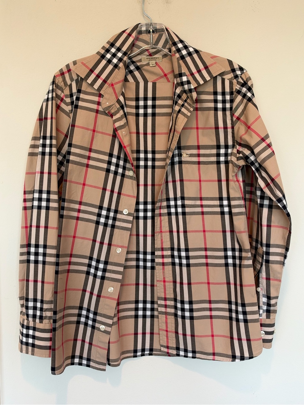 Burberry Beige Check Button-Down Shirt Jacket with Black & Red Stripes